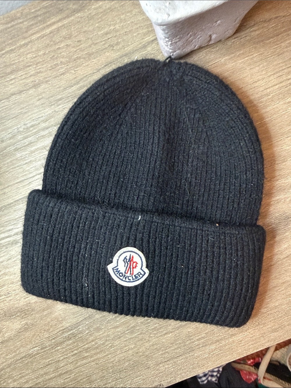 moncler unisex Black Ribbed Wool Beanie